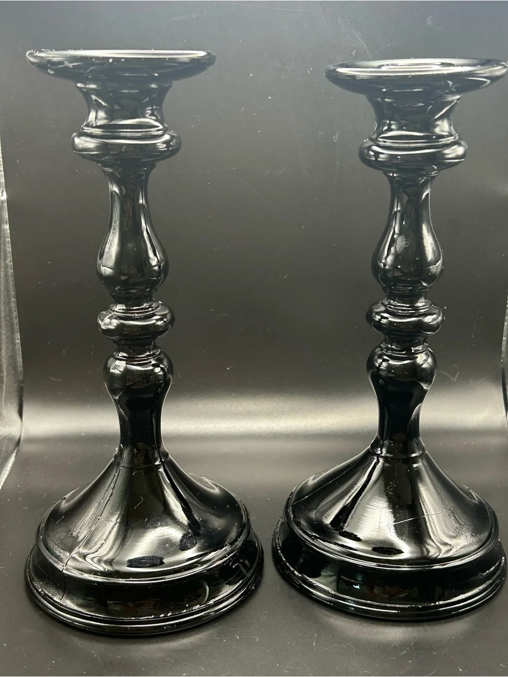 Tiffin Black Amethyst 9” Set Of 2 Taper Candle Holders Vintage Nice